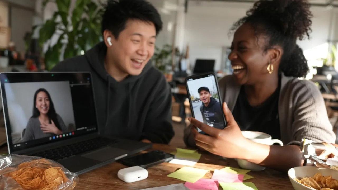 Two managers laughing at an affiliate video call