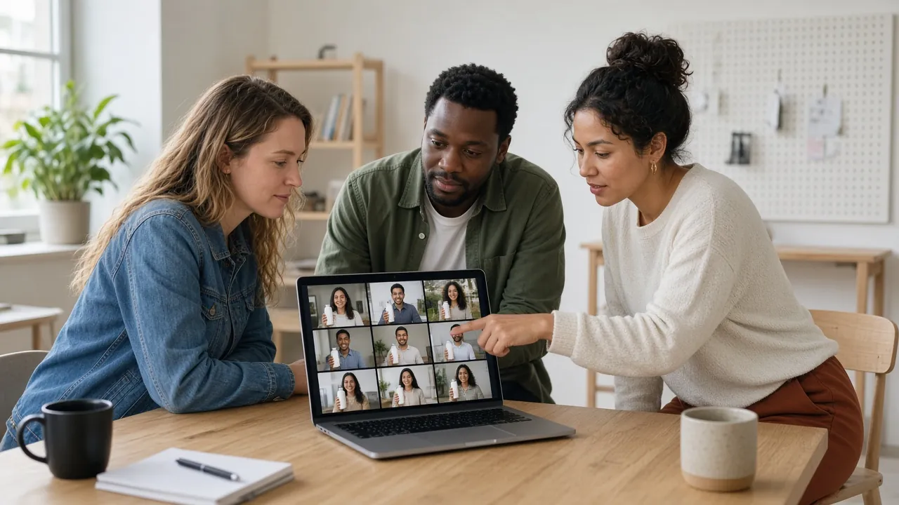Four colleagues at a laptop reviewing a grid of affiliate faces